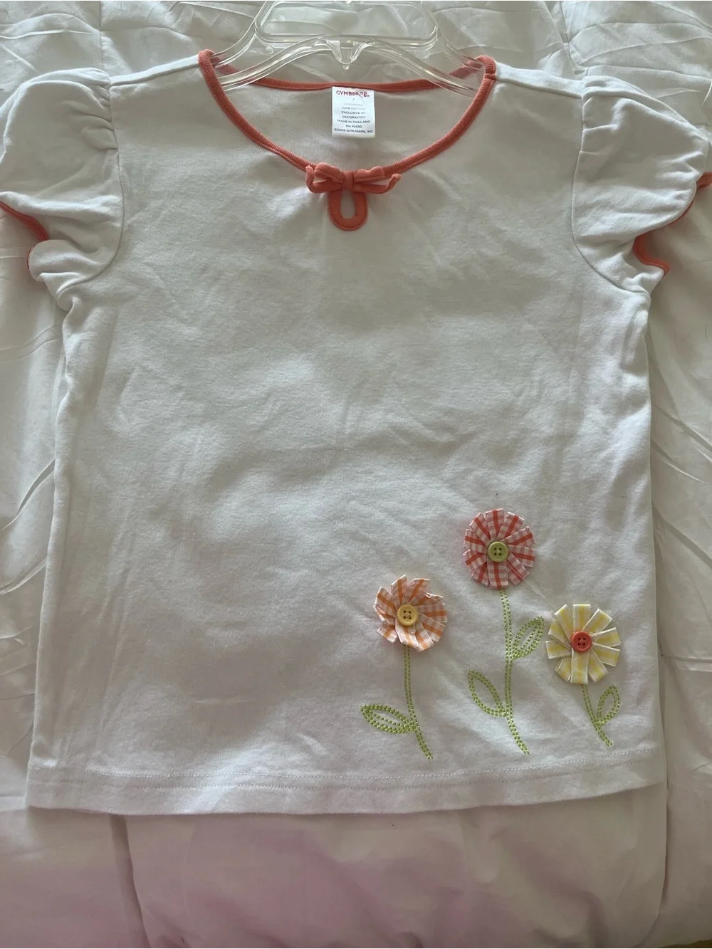 Gymboree White Short Sleeve Tee with Coral Trim & Gingham Flower Accents
